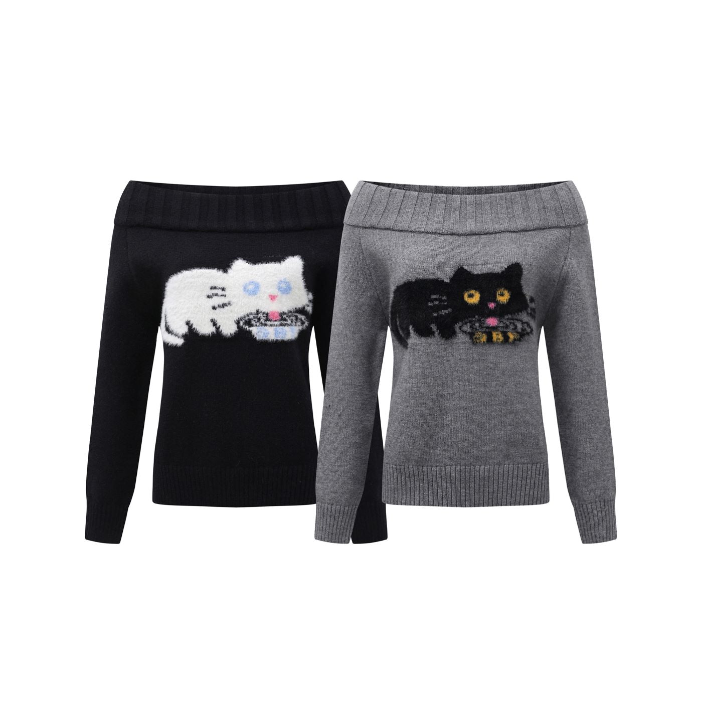 Fluffy Cat Off-Shoulder Sweater