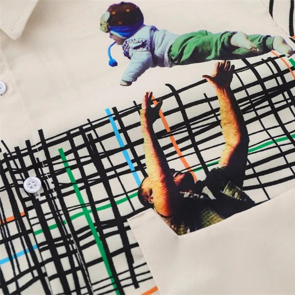 Grid and Figure Print Shirt - h0neybear