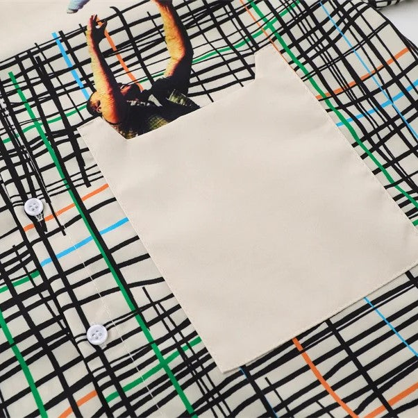 Grid and Figure Print Shirt - h0neybear