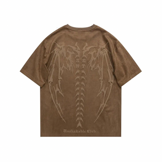 Brown t-shirt with a back design and 'Unshakable Club' text on a white background from honeybear