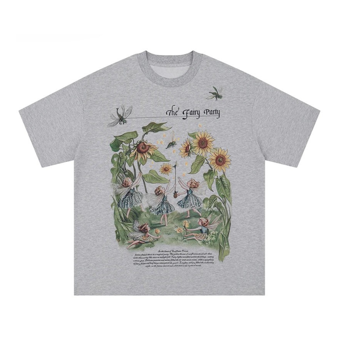 Gray t-shirt with fairy and floral design on a white background