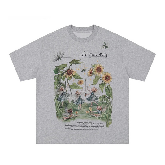 Gray t-shirt with fairy and floral design on a white background