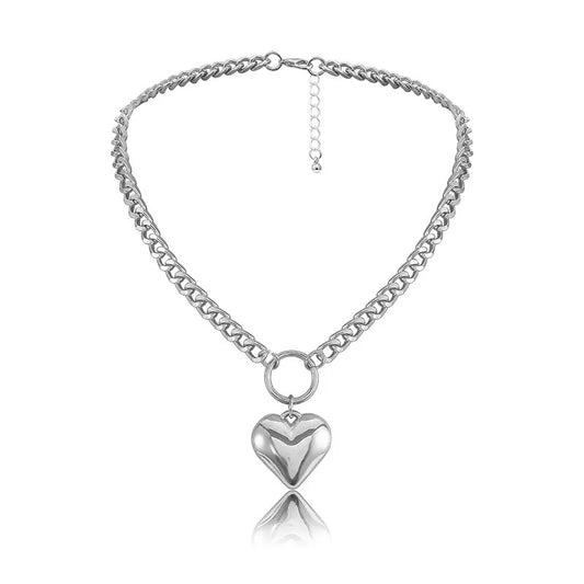 Heart Pendant Link Chain Necklace | Y2K Silver Necklaces | H0NEYBEAR