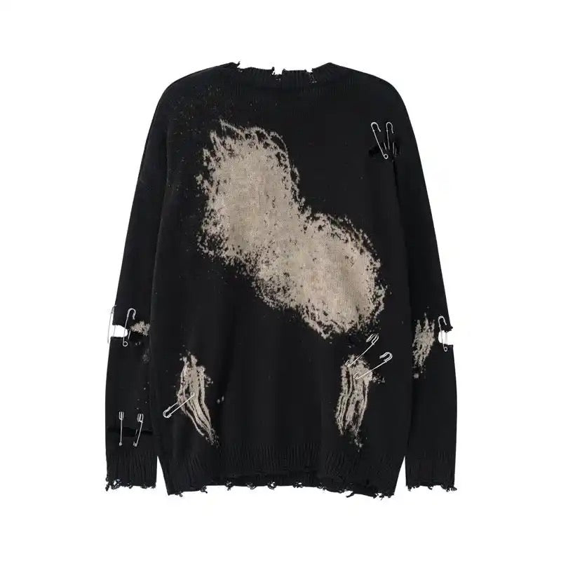 Pinned and Ripped Sweater | Grunge Oversized Sweaters | H0NEYBEAR - Black