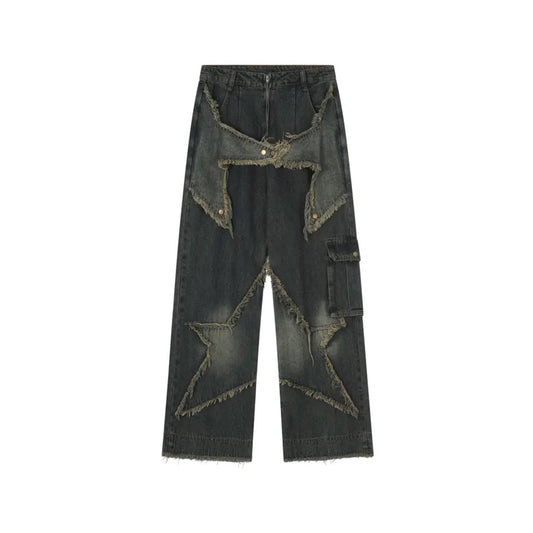 Star Patched Wide Leg Jean Pants | Y2K Baggy Jeans | H0NEYBEAR