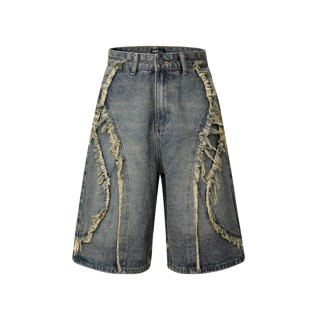 Shredded Panel Denim Shorts