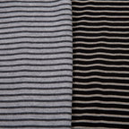 Two fabric swatches with striped patterns, one in gray and black stripes on a white background, and the other in black and white stripes on a gray background.