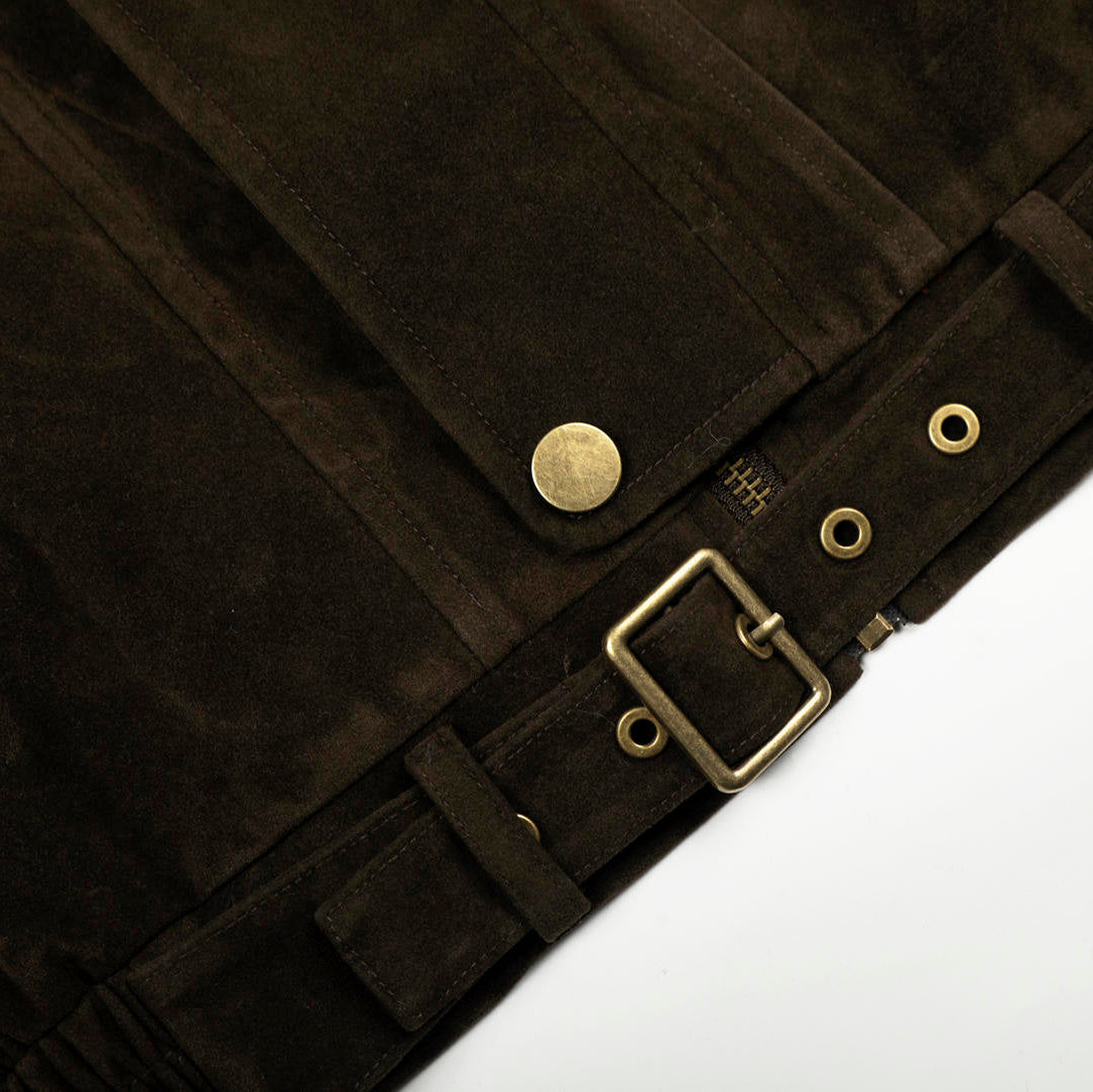 Close-up of a dark brown leather jacket with brass buttons and buckle on a white background