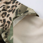 Close-up of fabric with camouflage and leopard print patterns on a white background