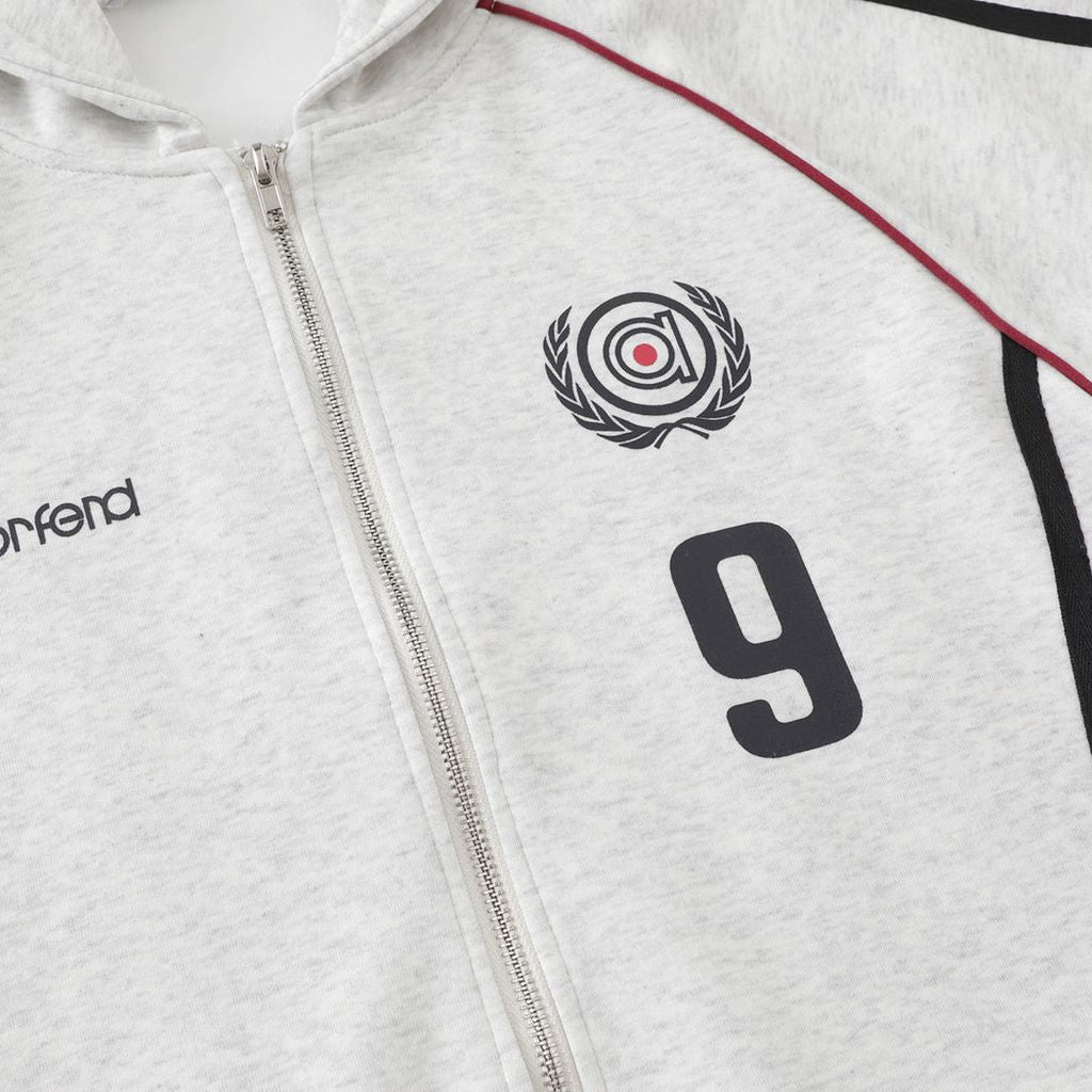 Gray hoodie with black text and number on a white background