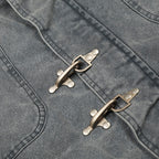 Close-up of a gray jacket with metal buttons