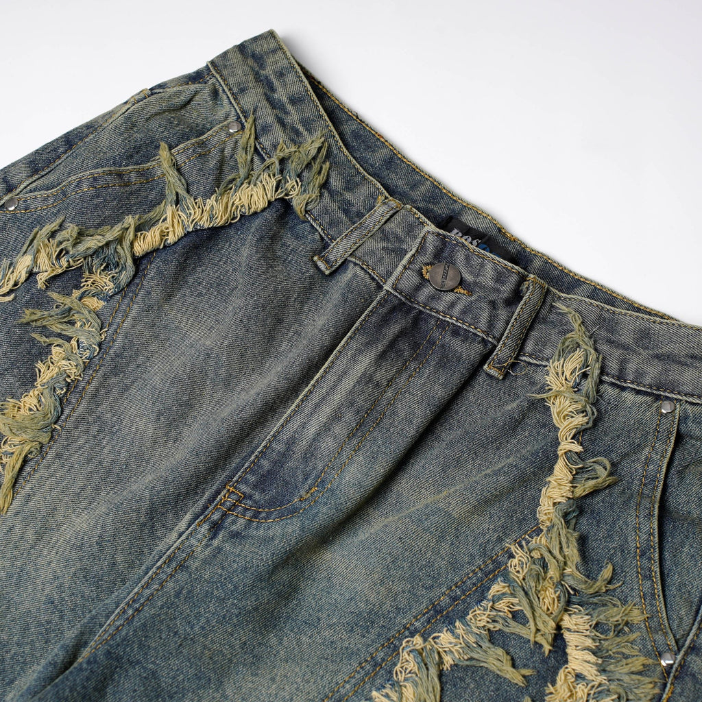 Shredded Panel Denim Shorts