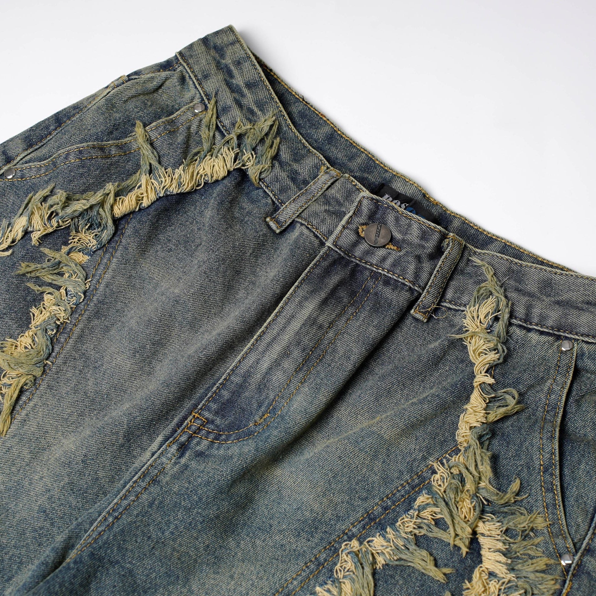 Shredded Panel Denim Shorts
