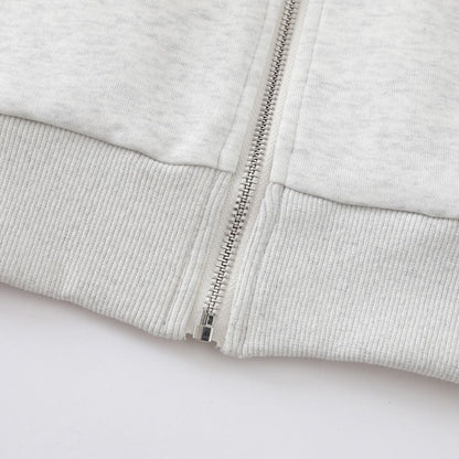 Close-up of a gray zip-up hoodie on a white background