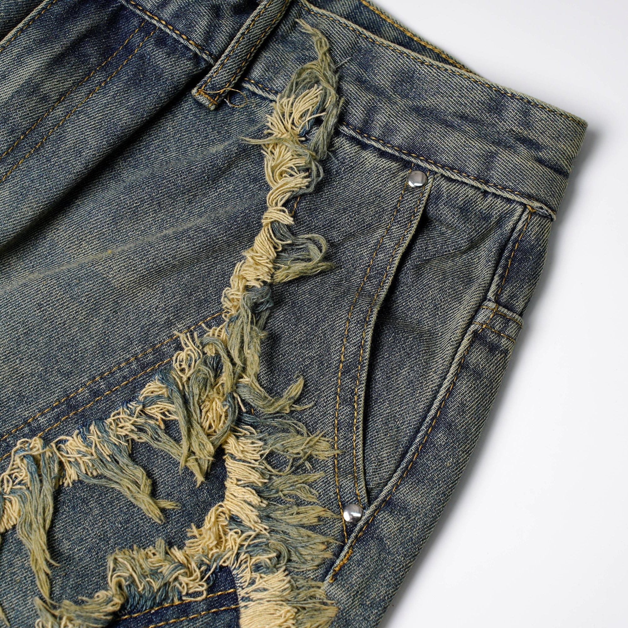 Shredded Panel Denim Shorts