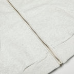 Close-up of a gray zip-up hoodie on a light gray background