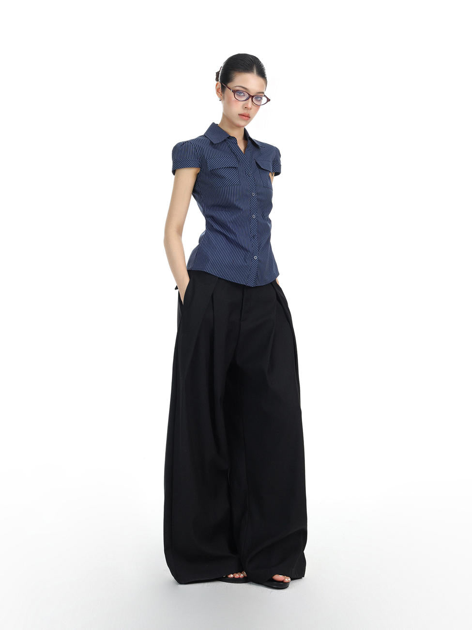 Midnight Pinstripe Button-Up Top