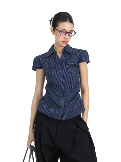 Midnight Pinstripe Button-Up Top