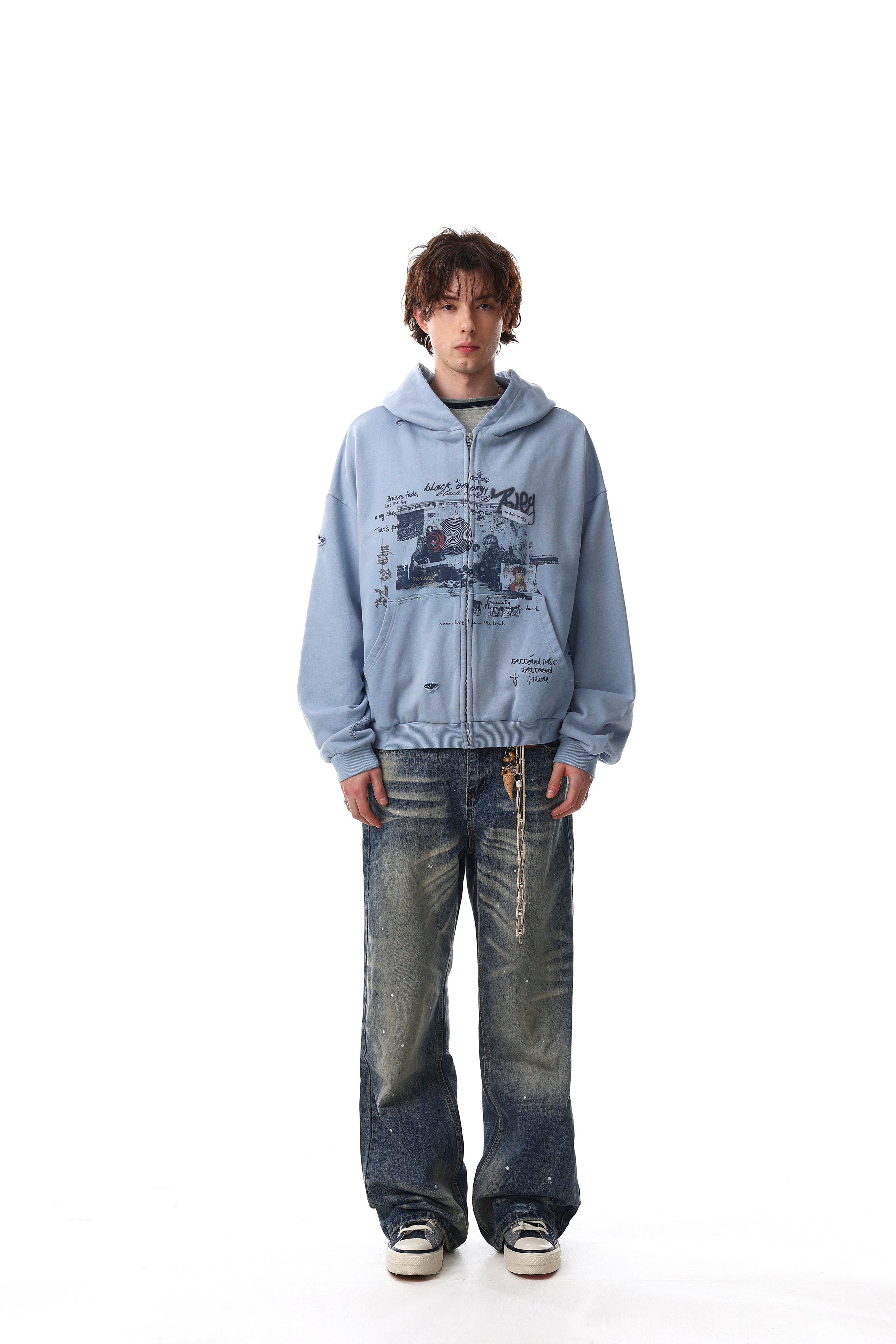 Faded Script Distress Zip Hoodie