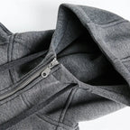 Gray hooded jacket with a zipper on a white background