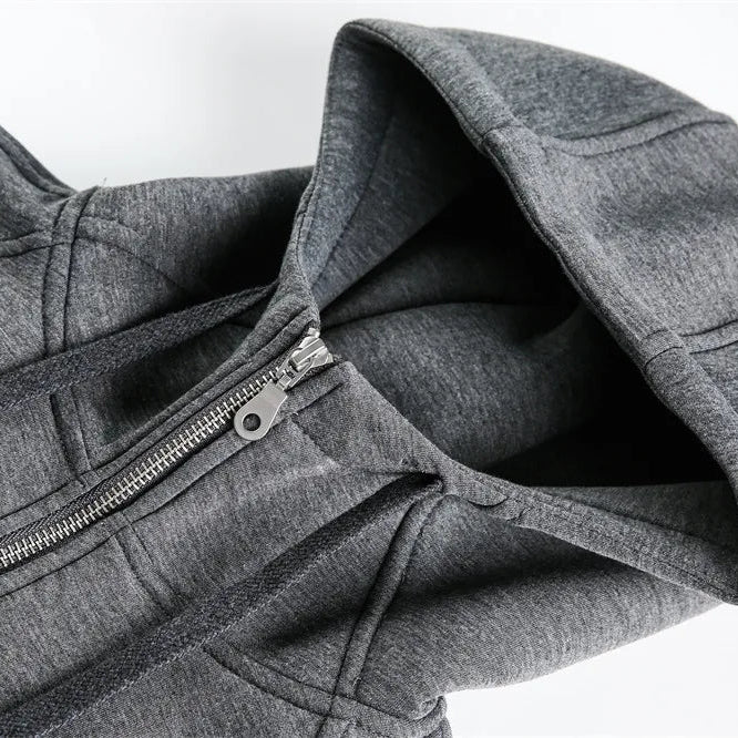 Gray hooded jacket with a zipper on a white background