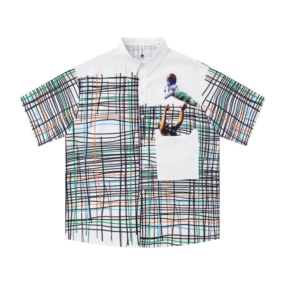 Grid and Figure Print Shirt - h0neybear