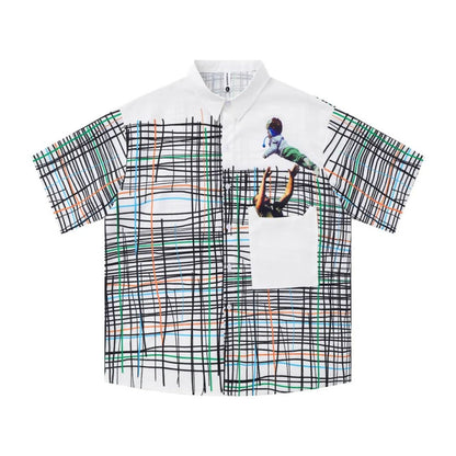 Grid and Figure Print Shirt - h0neybear