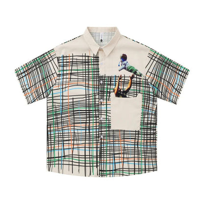 Grid and Figure Print Shirt - h0neybear