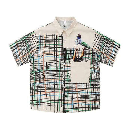 Grid and Figure Print Shirt - h0neybear