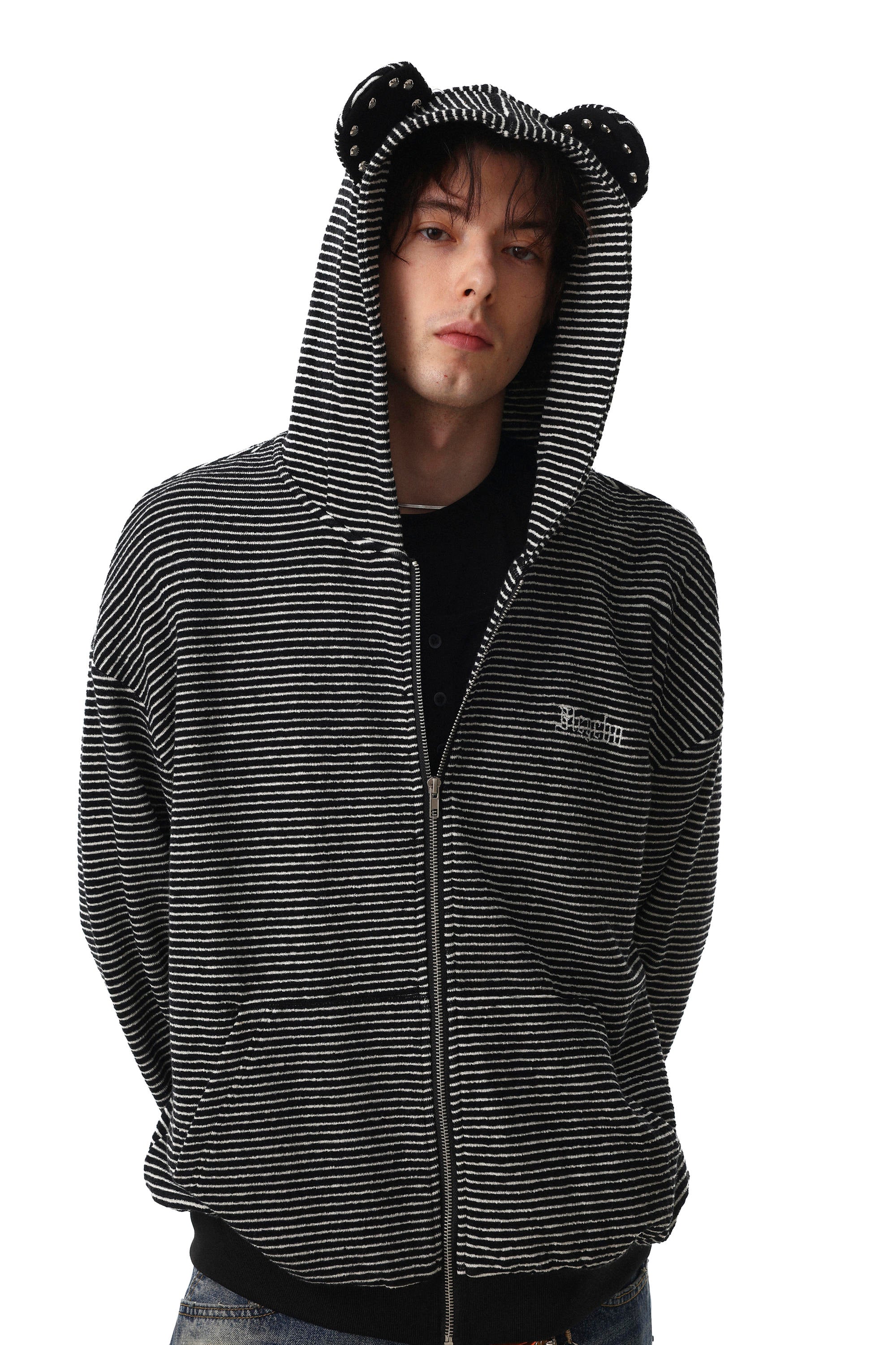 Bear Ear Striped Zip Hoodie