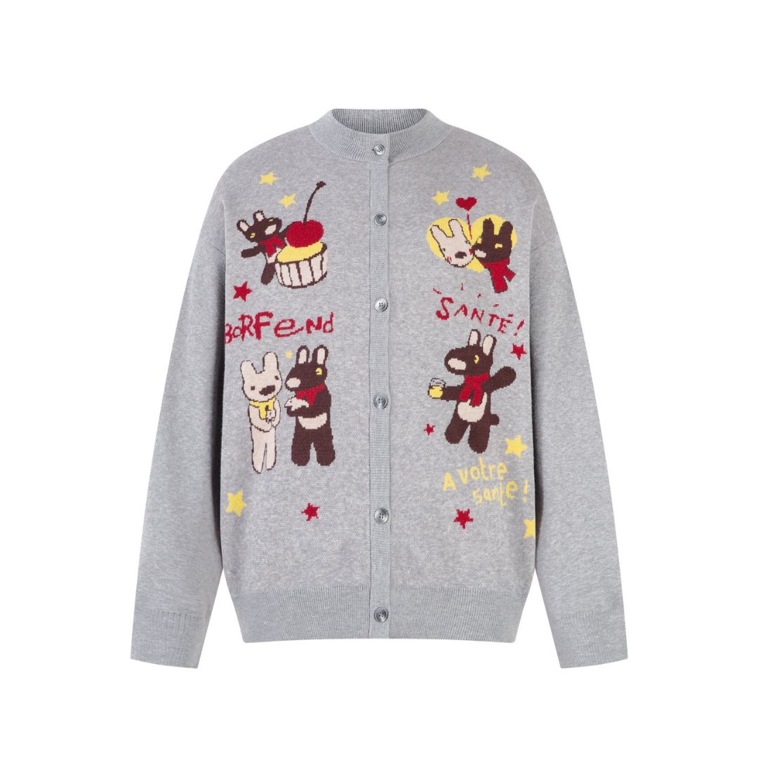 Whimsical Bear Cardigan Sweater with cartoon graphic, button front, and relaxed fit.