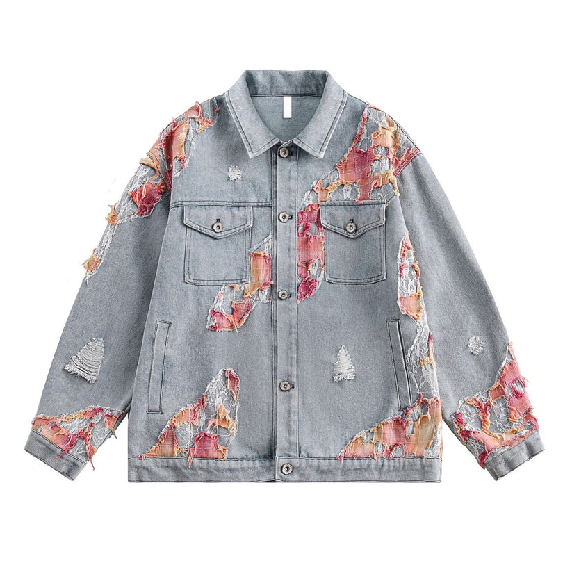 Dames Patchwork Denim Jacket Met Leopard Print En Knoopsluiting main image 1