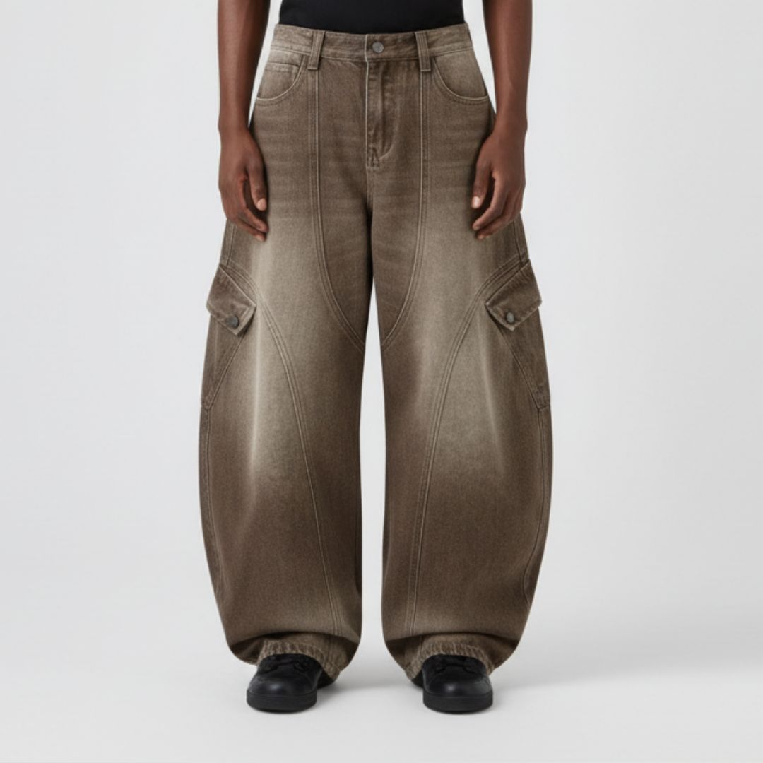 Brown Wash Cargo Barrel Jeans