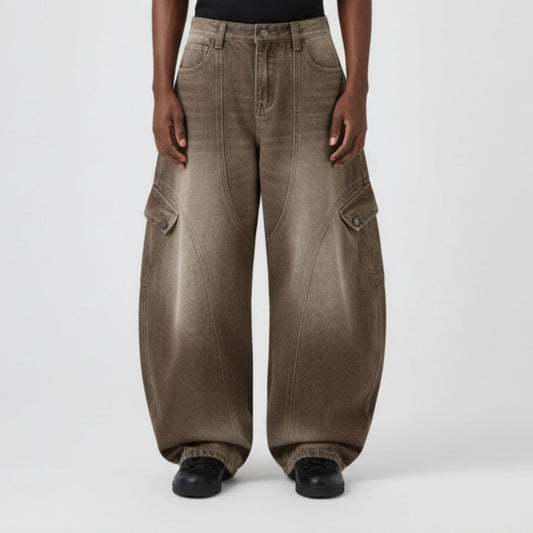 Brown Wash Cargo Barrel Jeans