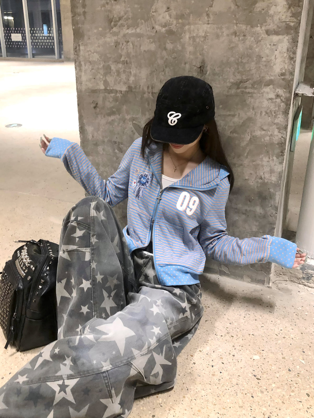 Rosette Striped Funnel Hoodie