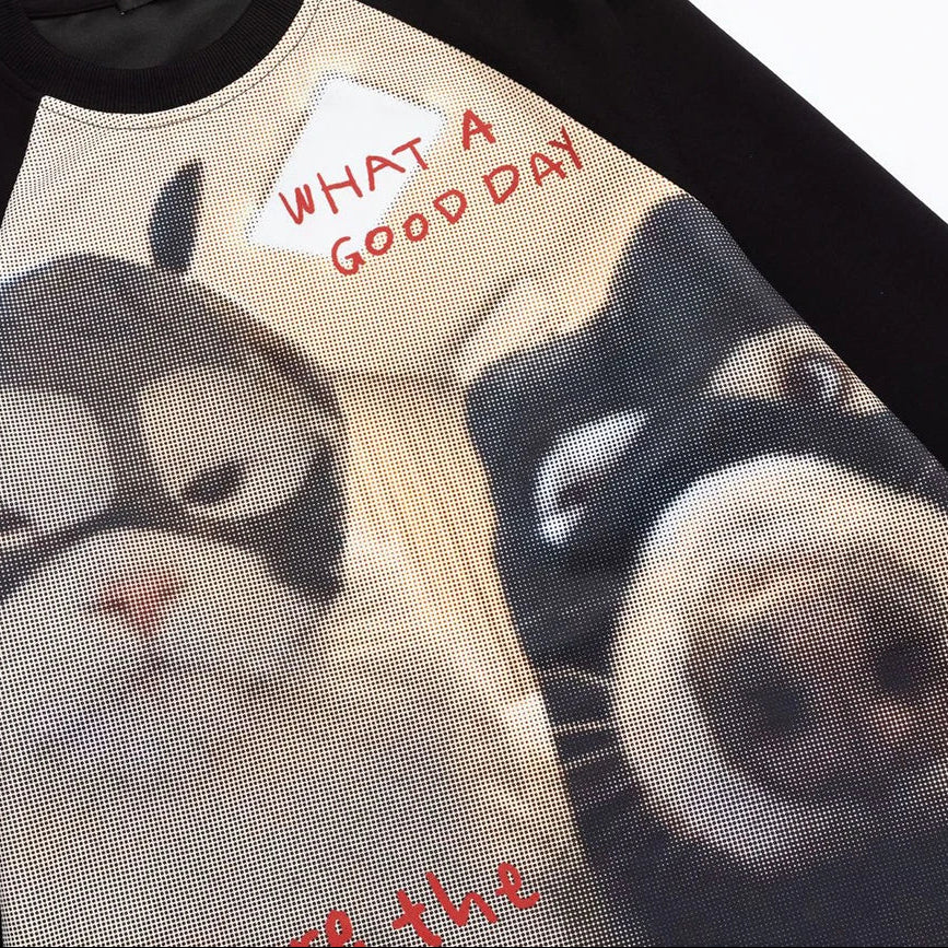 Sweatshirt with a graphic of a cat and text 'What a good day' on a white background