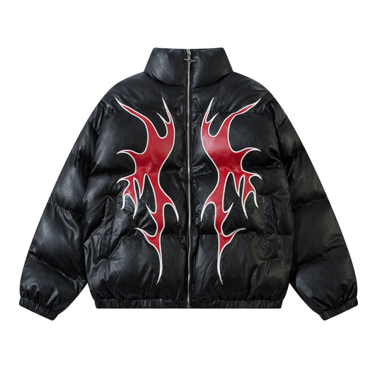 Deviant Blaze Puffer Jacket by h0neybear. Available in black and white, this high-quality jacket features embroidered Deviant streetwear symbols on the front and back.