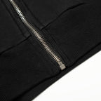 Close-up of a black jacket with a zipper on a white background
