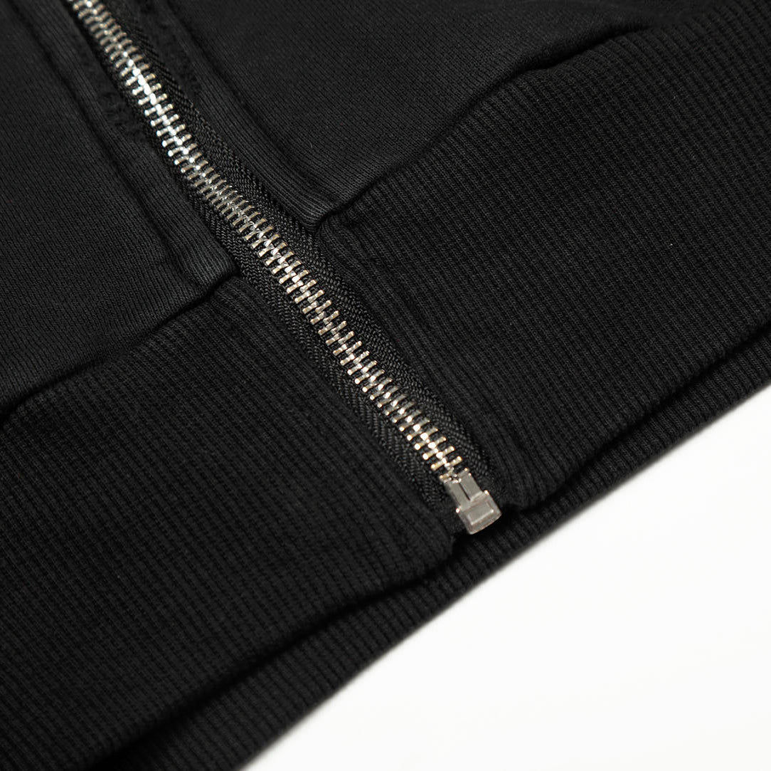 Close-up of a black jacket with a zipper on a white background