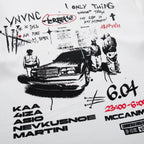 White t-shirt with black and red graphic design featuring a car and text.