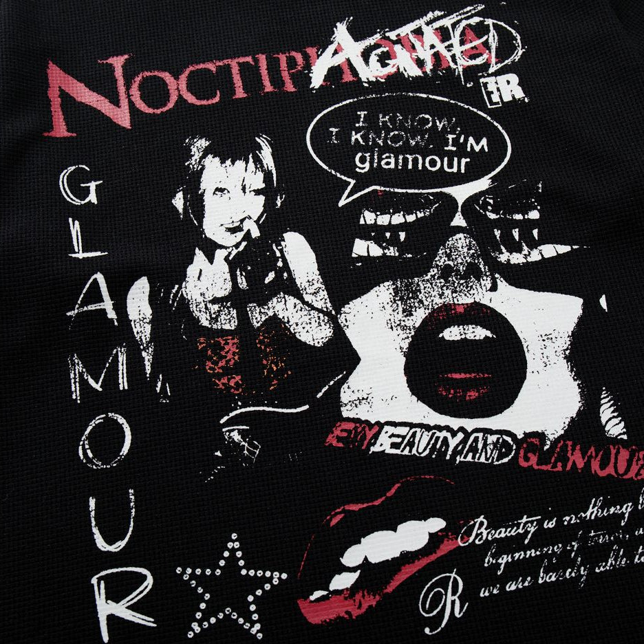 Black t-shirt with graphic design and text on a white background