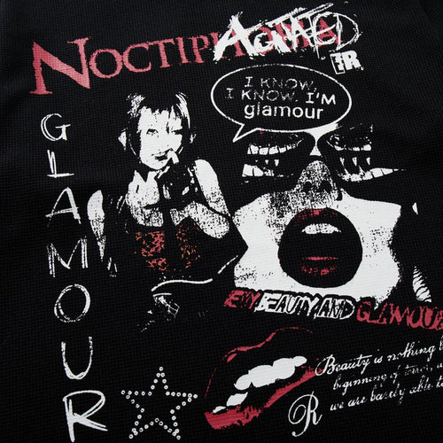 Black t-shirt with graphic design and text on a white background