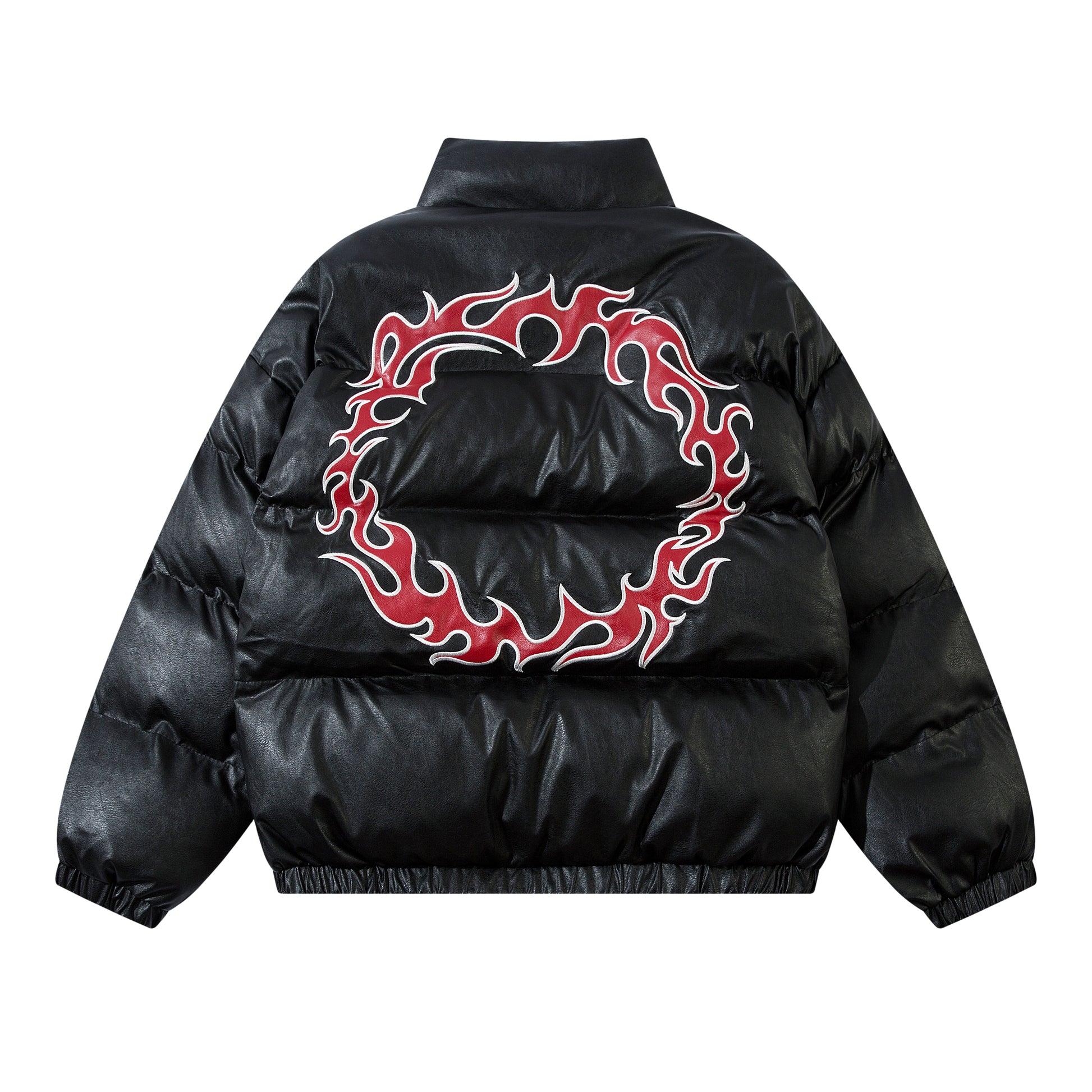 Deviant Blaze Puffer Jacket by h0neybear. Available in black and white, this high-quality jacket features embroidered Deviant streetwear symbols on the front and back.