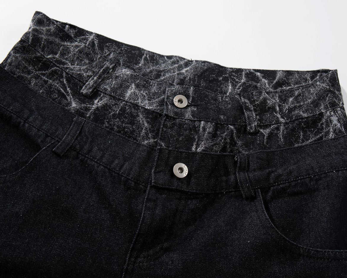 The Black Marbled Double-Waist Jeans - h0neybear