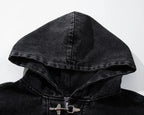 Black hooded jacket with a white background