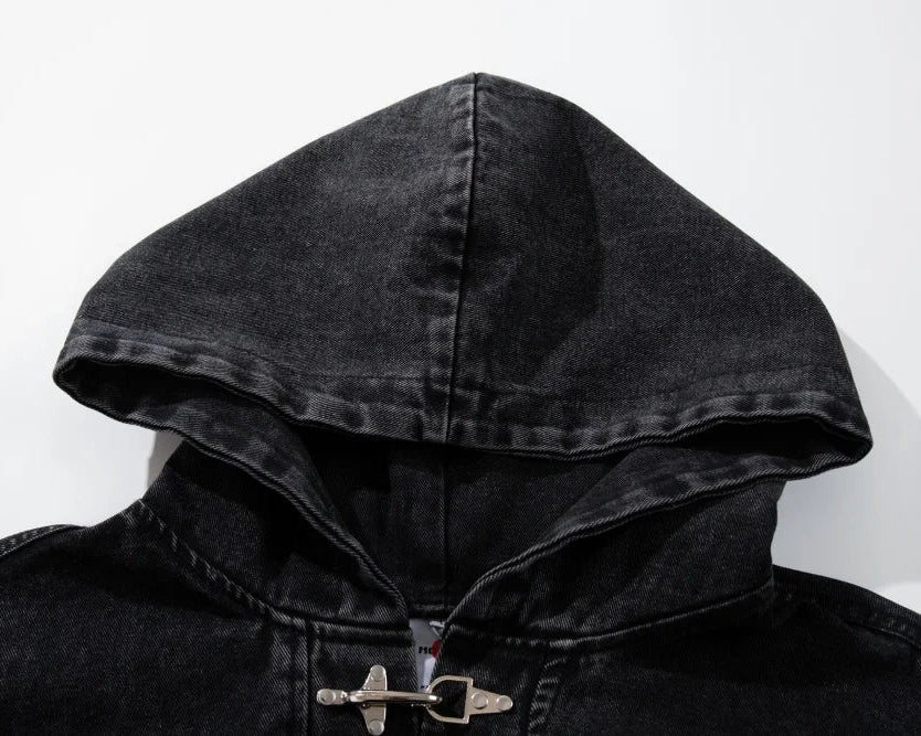 Black hooded jacket with a white background