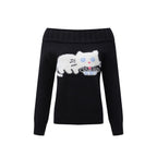 Fluffy Cat Off-Shoulder Sweater