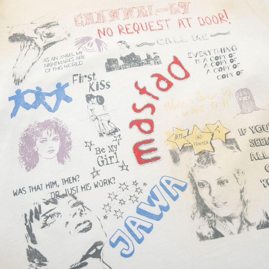 White t-shirt with colorful graphics and text on a white background