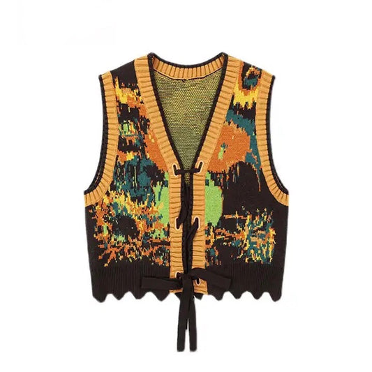 Knitted Sunflower Lace Up Vest Jacket