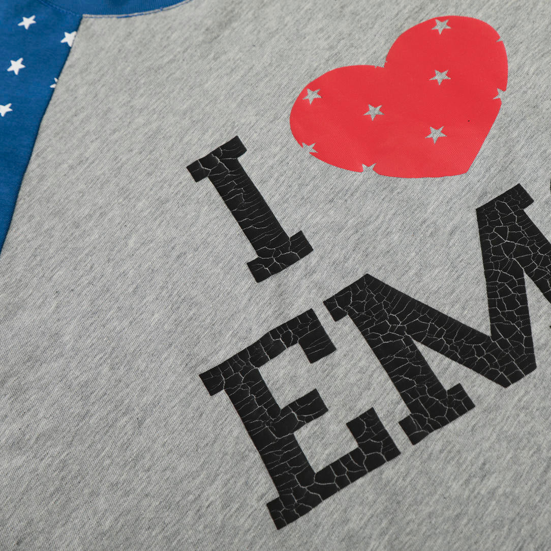 Gray t-shirt with 'I ❤️ EMO' text and red heart design on a gray background